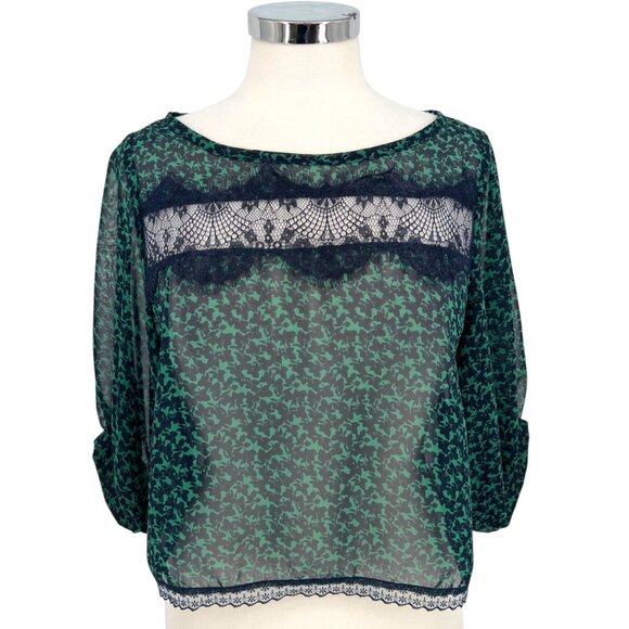 Lush Green Navy Sheer Lace Accent Blouse Half Sleeve Size Medium - Picture 1 of 11